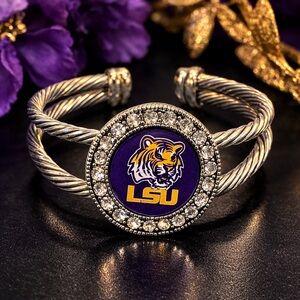 LSU Tigers Silver Bracelet with Purple Emblem and Rhinestone Accent for Game Day